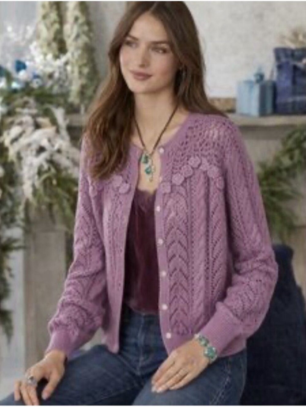 Sundance Caravane Cardigan L Womens Lilac Purple Knitted Crochet Button Up Boho